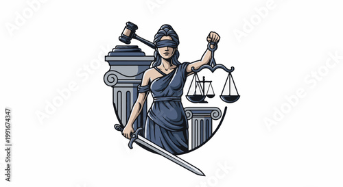 Blindfolded woman holds scales and sword near columns, legal symbols