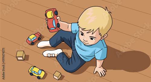 Blond-haired child plays with toy cars and blocks on wooden floor