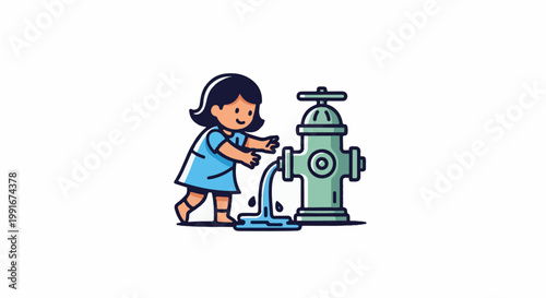 Cartoon child in blue dress plays with water from a green hydrant