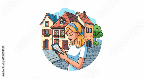 Blonde woman with blue headband uses a map app on her phone in a quaint town