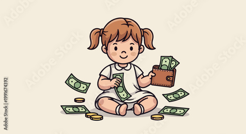 Cartoon child sits on floor surrounded by scattered money and coins