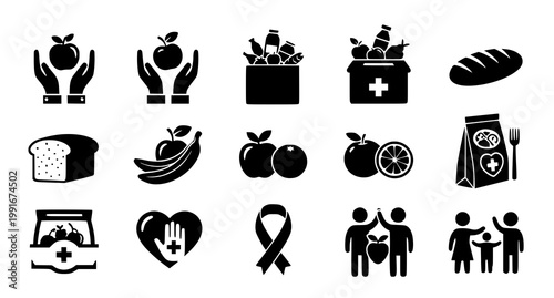 Black and white icons representing health food charity and community support