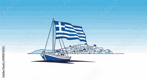 Blue and white boat with flag flies before a white village under a bright sky