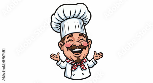 Cartoon chef with mustache, rosy cheeks and a checkered scarf