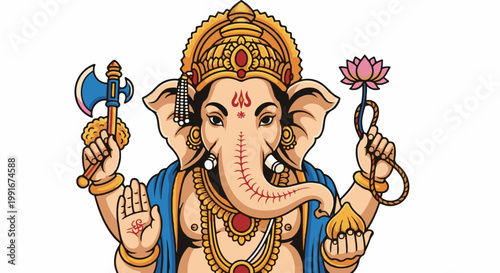 Cartoon elephant deity with tusks, golden crown, blue robe, holding axe, lotus, rope