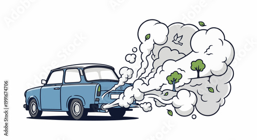 Blue car emitting exhaust forming cloud with trees, leaves, and bird