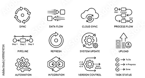 Collection of process and synchronization icons representing data and system management