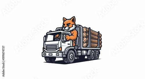 Cartoon fox driving a log-hauling truck