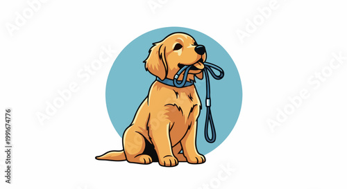 Cartoon golden retriever puppy holding leash in mouth, waiting
