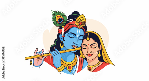 Blue figure plays flute close to serene woman with yellow veil