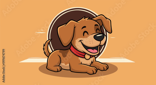 Cartoon dog with a big smile, wearing a red collar, resting