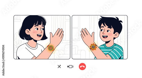 Illustration of brother and sister celebrating Raksha Bandhan via video call.