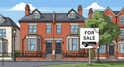 Cartoon illustration of row houses with a "For Sale" sign in front