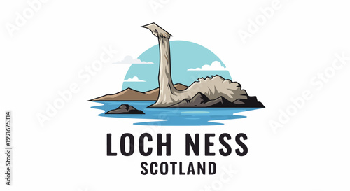 Cartoon illustration of the Loch Ness Monster emerging from a lake in Scotland