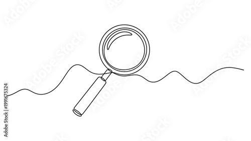 Continuous one line drawing of a magnifying glass with a wavy line.