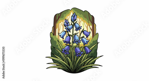 Bluebells bloom in a sunlit forest clearing