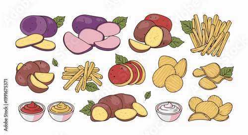 Cartoon illustration of various potato preparations and dips