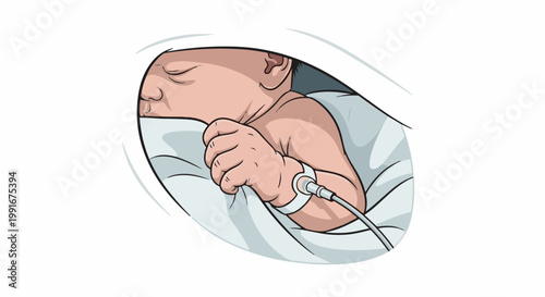 Cartoon infant sleeps peacefully with medical monitoring bracelet