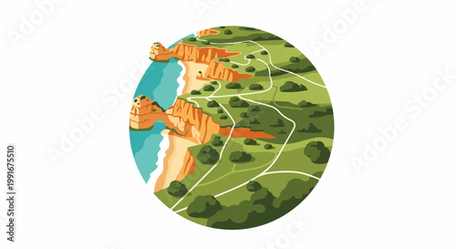 Artistic depiction of a coastal landscape with cliffs, beach, and winding paths
