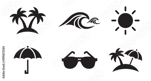Black silhouette summer icons beach sun and relaxation elements