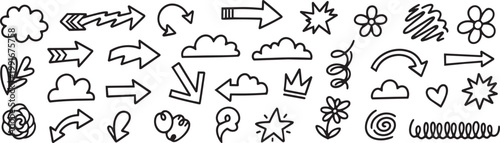 Collection of hand drawn black and white doodle icons and symbols