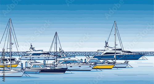 Boats docked in a blue harbor under a gradient sky
