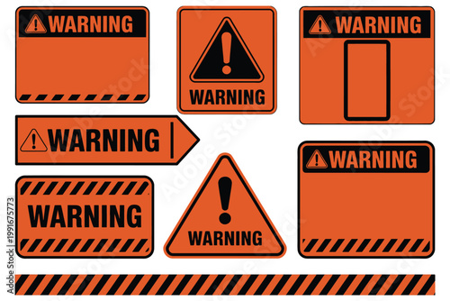 Industrial, warning labels set in yellow and black with blank space for custom text, flat vector safety icons, isolated on white background, hazard symbols, caution signs, construction and workplace 