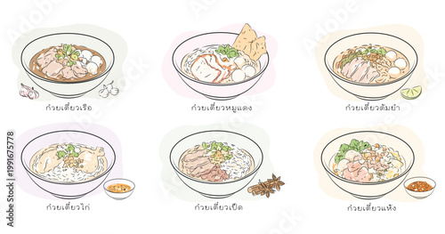 Thai noodle dish illustrations chart minimalist line art in pastel hues collection isolated background