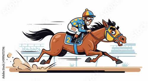 Cartoon jockey and horse racing at high speed on track