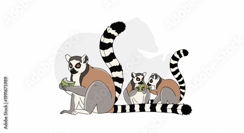 Cartoon lemurs with striped tails eat green fruit