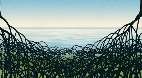 Stylized mangrove forest roots overlooking a calm tropical ocean