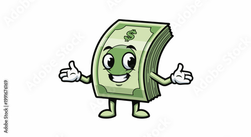 Cartoon money stack with face, arms, and legs, open hands