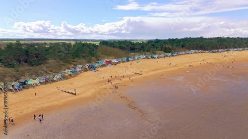 Wells Next to the Sea Beach. Sand dunes where Norfolk Coast path with beach huts and tourist beaches. Beach huts on the promenade at Gorleston-on-sea in Norfolk, UK