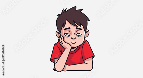 Cartoon of a bored, sleepy boy with dark circles under his eyes