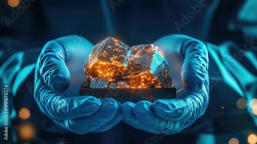 Gloved hands holding sparkling raw crystals in blue light
