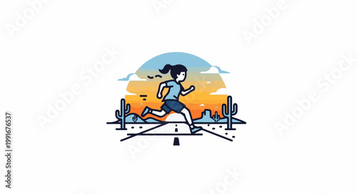 Cartoon of a person running on a desert road at sunset