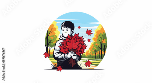 Boy holding bouquet of red maple leaves in autumnal park
