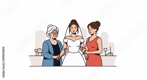 Bride with grandmother and mother on wedding day