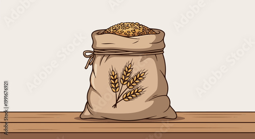 Burlap sack filled with grain, tied with string, and decorated with wheat