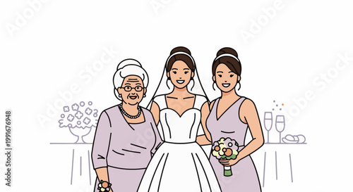 Bride with mother and bridesmaid celebrating wedding reception