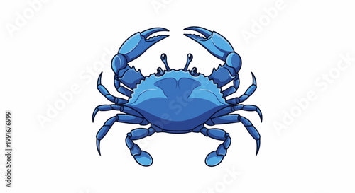 Bright blue crab with raised claws and many legs against white background