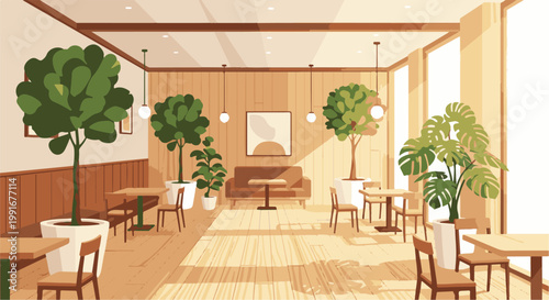 Bright cafe interior with potted plants, tables, chairs, and sofa