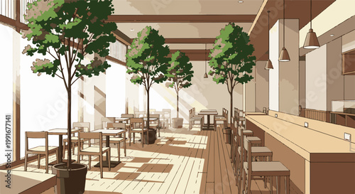 Bright cafe interior with potted trees and sunlit tables and chairs