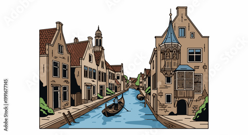 Artistic rendering of a canal with a gondola passing by historic buildings