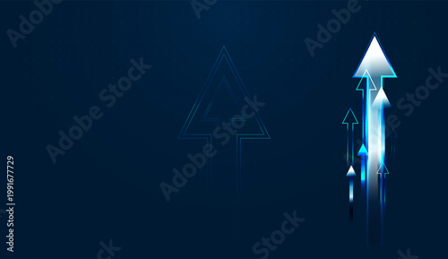 High-tech blue arrows against a dark grid help a business visualize its path to Grow and increase value. and Radiant Digital blue arrows surge toward