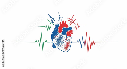 Artistic representation of a human heart with surrounding colorful, jagged heartbeat lines