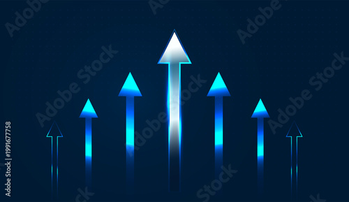 Digital blue arrows surge upward in unison, illustrating a powerful drive for success, glowing arrows act as a visual metaphor for sustained economic increase and modern innovation