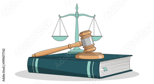 Law book, gavel, and scales of justice, legal symbols, courtroom illustration
