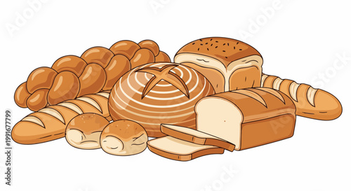 Assorted baked bread loafs including braided, round, and sliced types