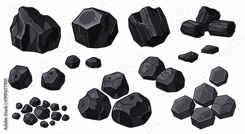 Assorted dark gray, angular rocks with textured surfaces